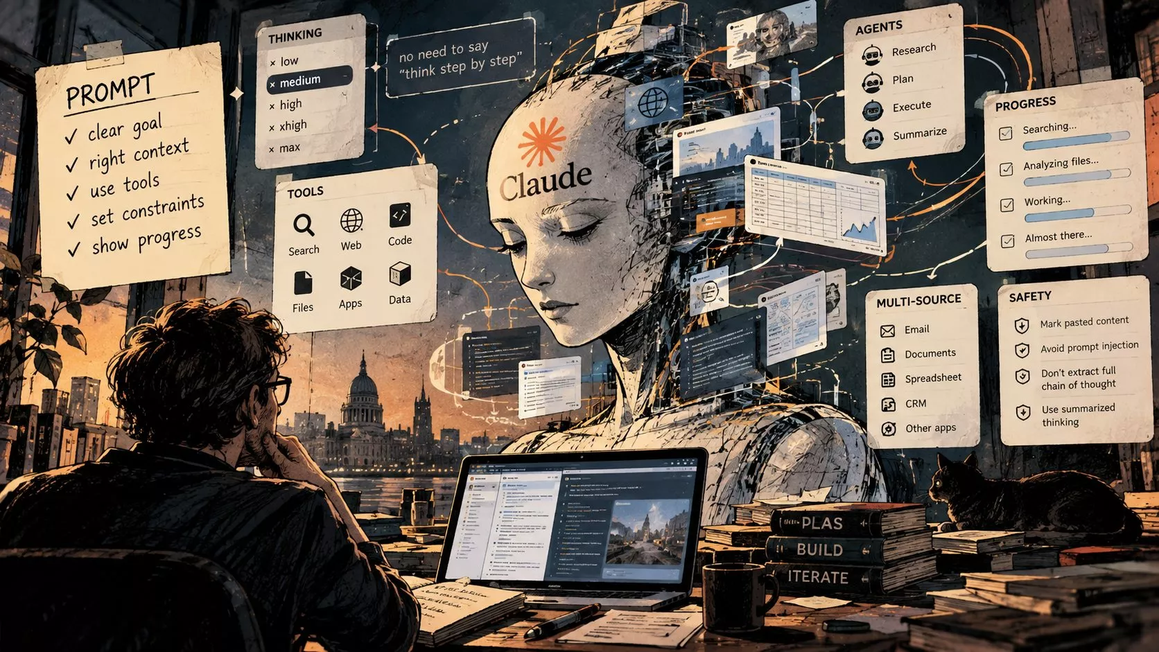 Büyük bir yapay zekâ modelinin çevresinde prompt blokları, araç çağrıları, düşünme seviyeleri ve birbirine bağlı yazılım agentlarını gösteren modern editöryal teknoloji illüstrasyonu.