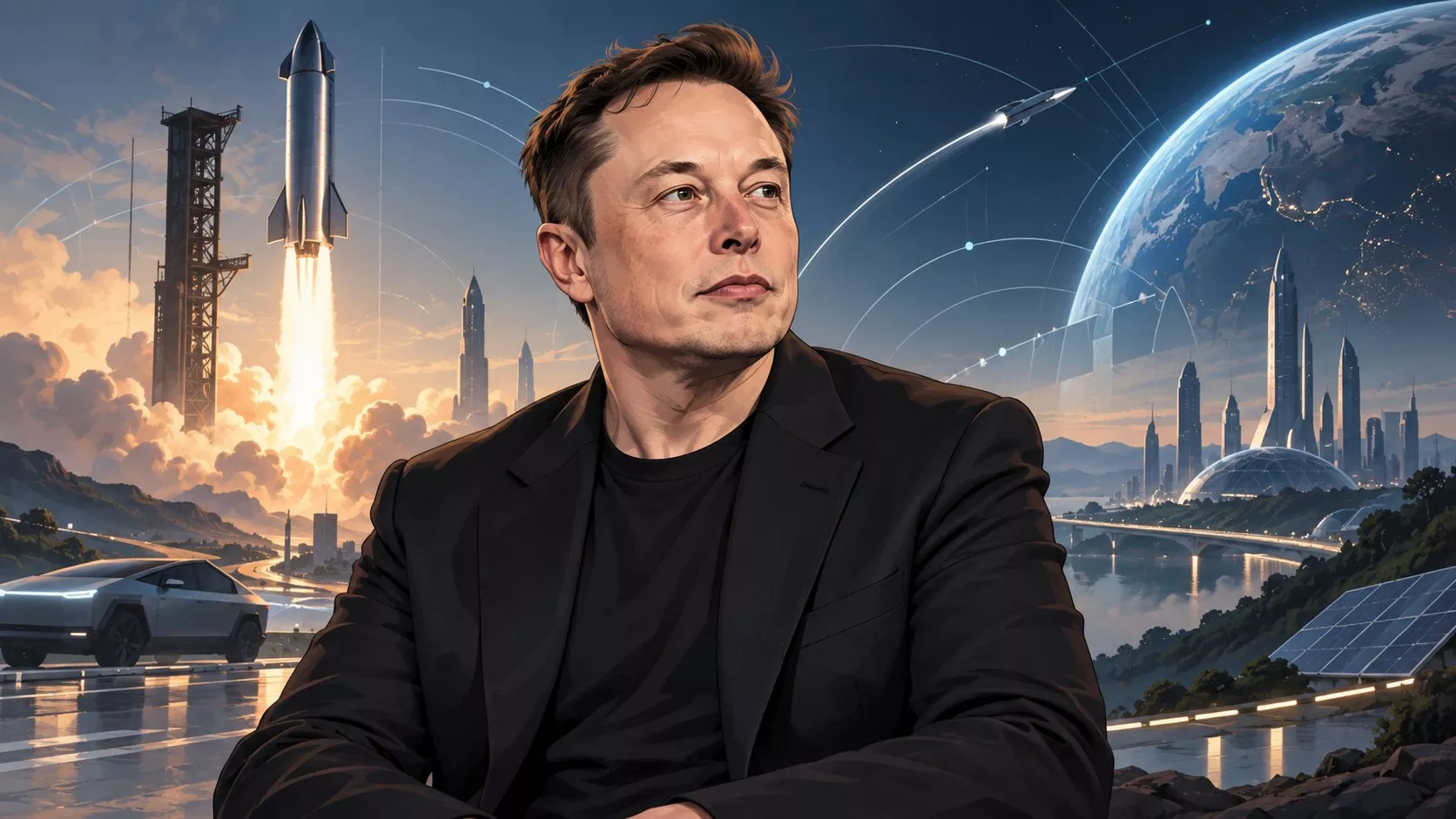 Elon Musk’ın karanlık ve sinematik bir portresi, arka planda Tesla, SpaceX roketi ve X platformunu çağrıştıran detaylar