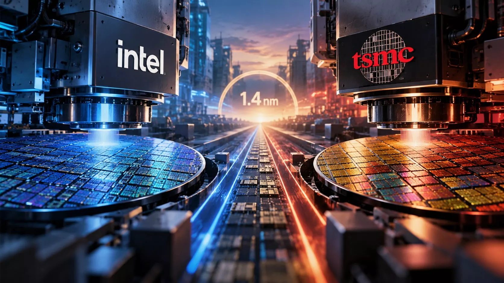 Intel ve TSMC’yi temsil eden iki gelişmiş silikon waferın karşı karşıya geldiği, mikroskobik devre yolları ve üretim tesisi detaylarının kullanıldığı premium editöryal teknoloji illüstrasyonu.