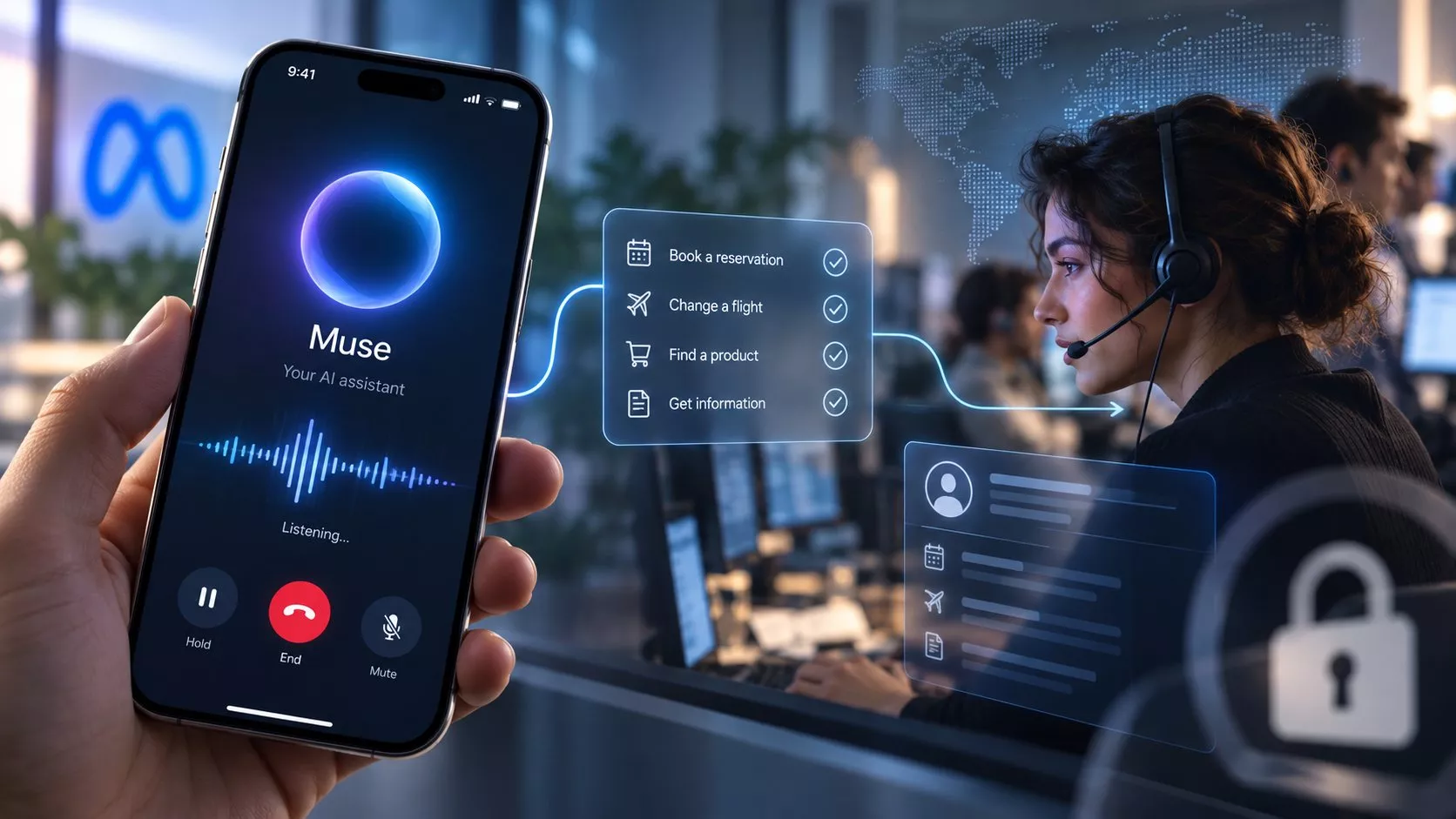 Meta Muse yapay zekâ asistanını temsil eden bir telefon ekranı ile arka planda çağrı merkezi çalışanının birlikte kullanıldığı modern teknoloji görseli