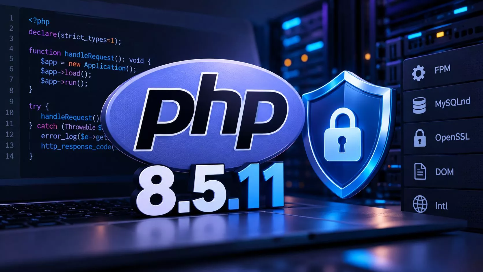 Koyu arka plan üzerinde PHP logosu, kod satırları ve güvenlik kalkanı detaylarının yer aldığı modern bir yazılım güncellemesi illüstrasyonu