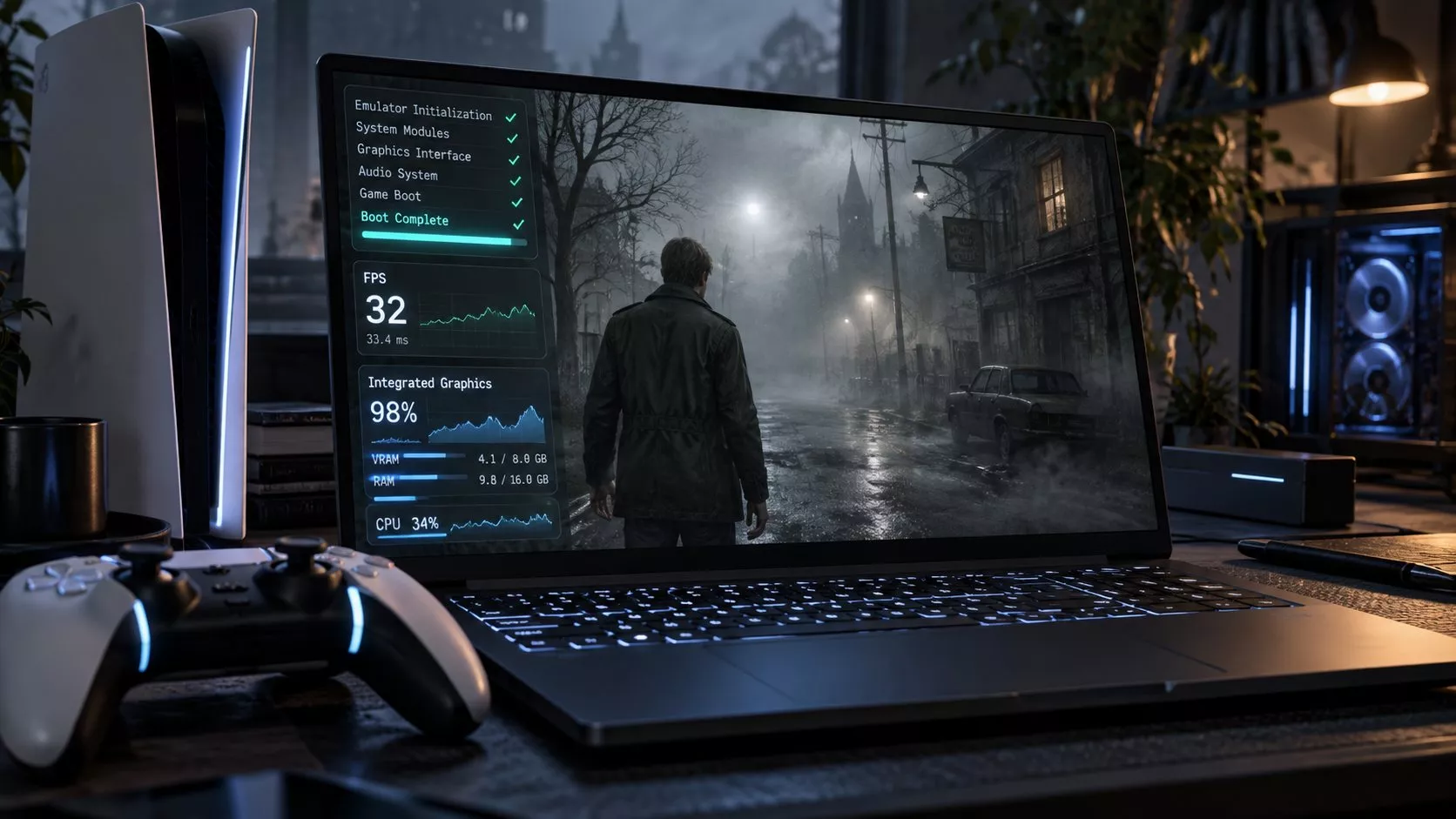 Silent Hill 2 Remake'in karanlık atmosferini taşıyan bir sahnenin önünde PS5 emülasyonunu ve AMD Radeon entegre grafik birimini çağrıştıran bilgisayar donanımı görseli