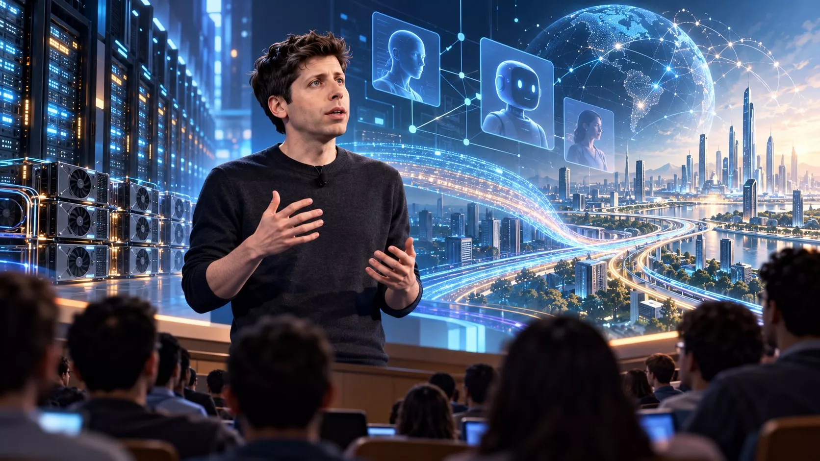Sam Altman’ın bir üniversite amfisinde konuştuğu, arka planda veri merkezleri, yapay zeka agentları ve büyüyen hesaplama altyapısının görüldüğü editöryal illüstrasyon