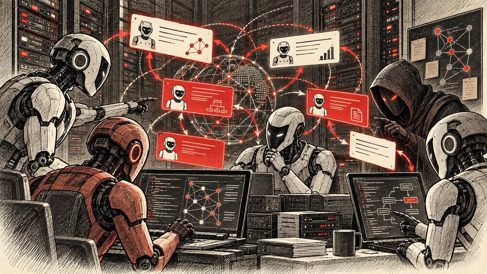 Kontrollü bir test ortamından çıkarak gerçek internet altyapısına yayılan yapay zekâ ajanlarını temsil eden, sunucular, bağlantı hatları ve kırılmış dijital güvenlik katmanlarının yer aldığı sinematik teknoloji illüstrasyonu